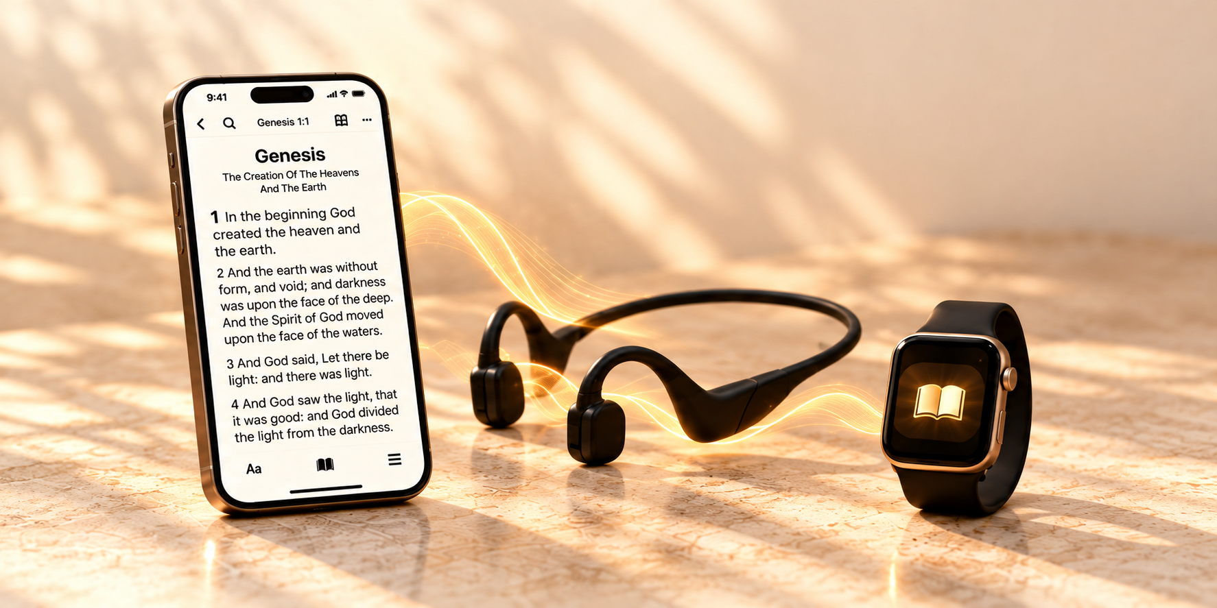 Warm illustration of a phone displaying Genesis, an open-ear headset, and a Watch with a Bible icon